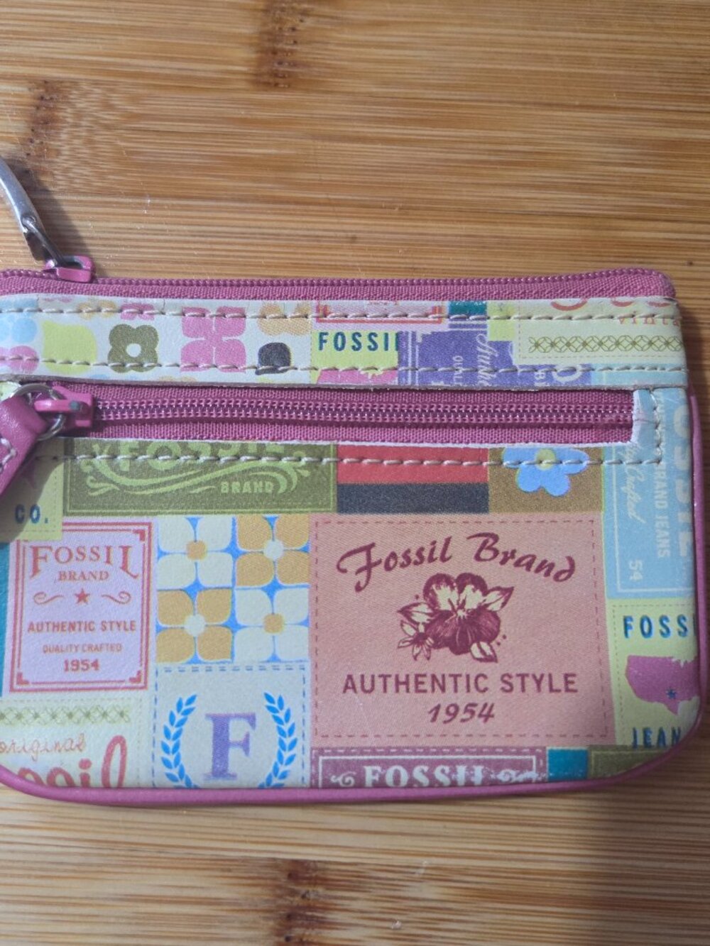 Fossil Long Live Vintage 1954 Patchwork Coin Purse Pouch Wallet Multi Pink